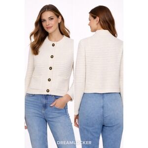 Joie Cream White Textured Ribbed Cropped Cardigan Sweater Crest Buttons Medium